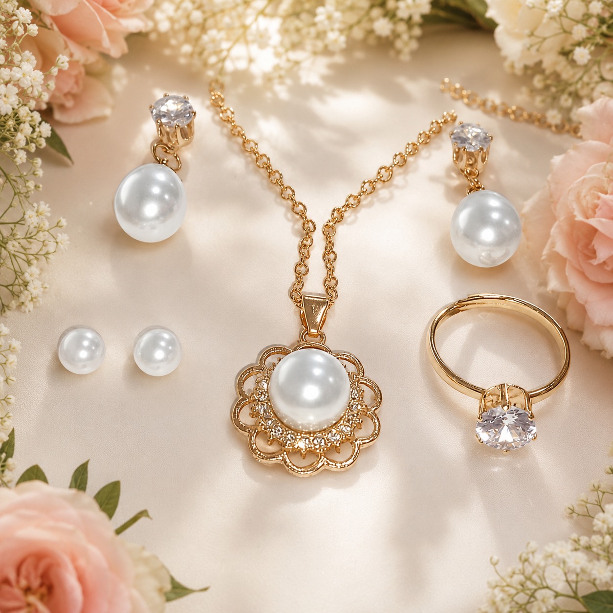 Elegant Pearl and Crystal Stainless Steel Jewelry Set
