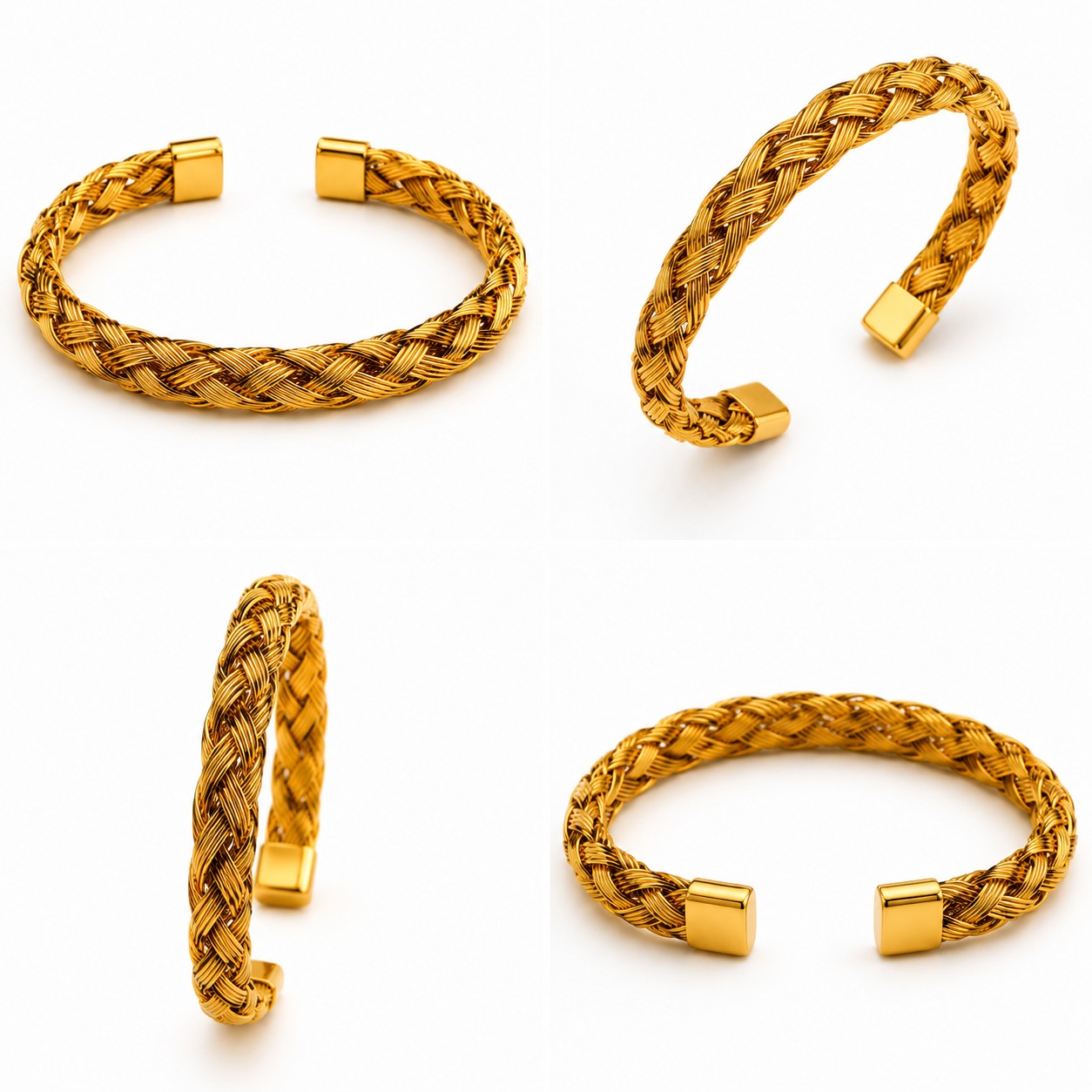 4-panel product collage grid showing a luxury unisex gold braided mesh cuff bracelet from multiple professional studio angles.