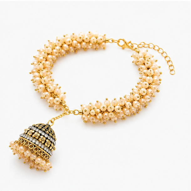 The Rivaaj Jhumka Stainless Steel Bracelet - Traditional Crystal Bead Cluster Latkan Wristlet - Image 2