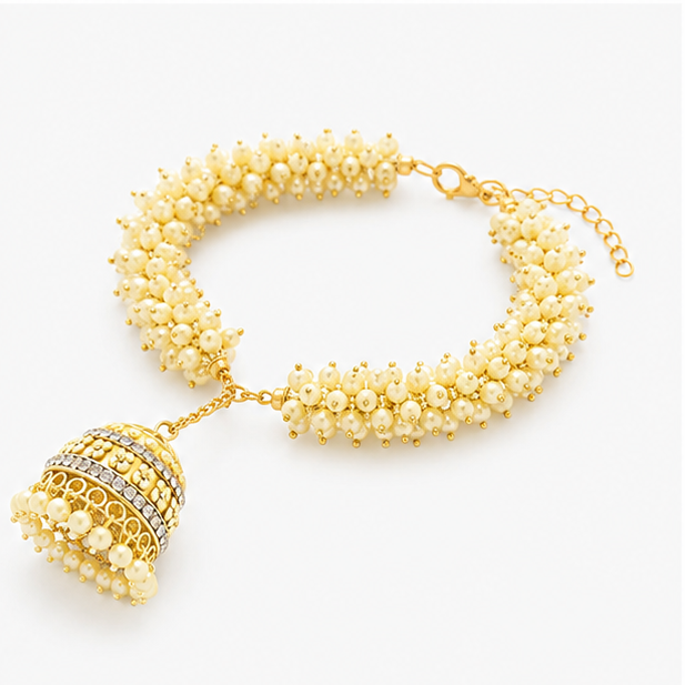 The Rivaaj Jhumka Stainless Steel Bracelet - Traditional Crystal Bead Cluster Latkan Wristlet - Image 3