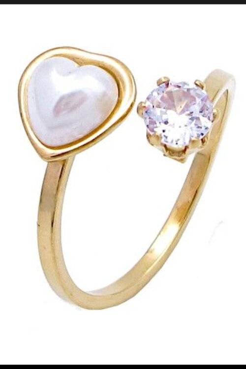 Minimalist Stainless Steel Pearl Heart and Crystal Open Adjustable Ring for Women & Girls