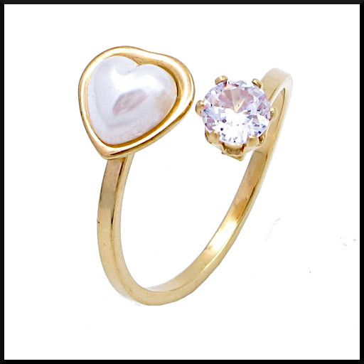 Gold plated stainless steel open adjustable ring featuring a white pearl heart inlay and a round cut cubic zirconia crystal on a white background