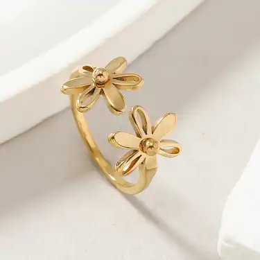 Minimalist Stainless Steel Twin Daisy Flower Open Adjustable Ring for Women & Girls - Image 3