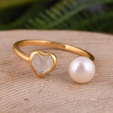 Minimalist Stainless Steel Pearl Heart and Crystal Open Adjustable Ring for Women & Girls - Image 2