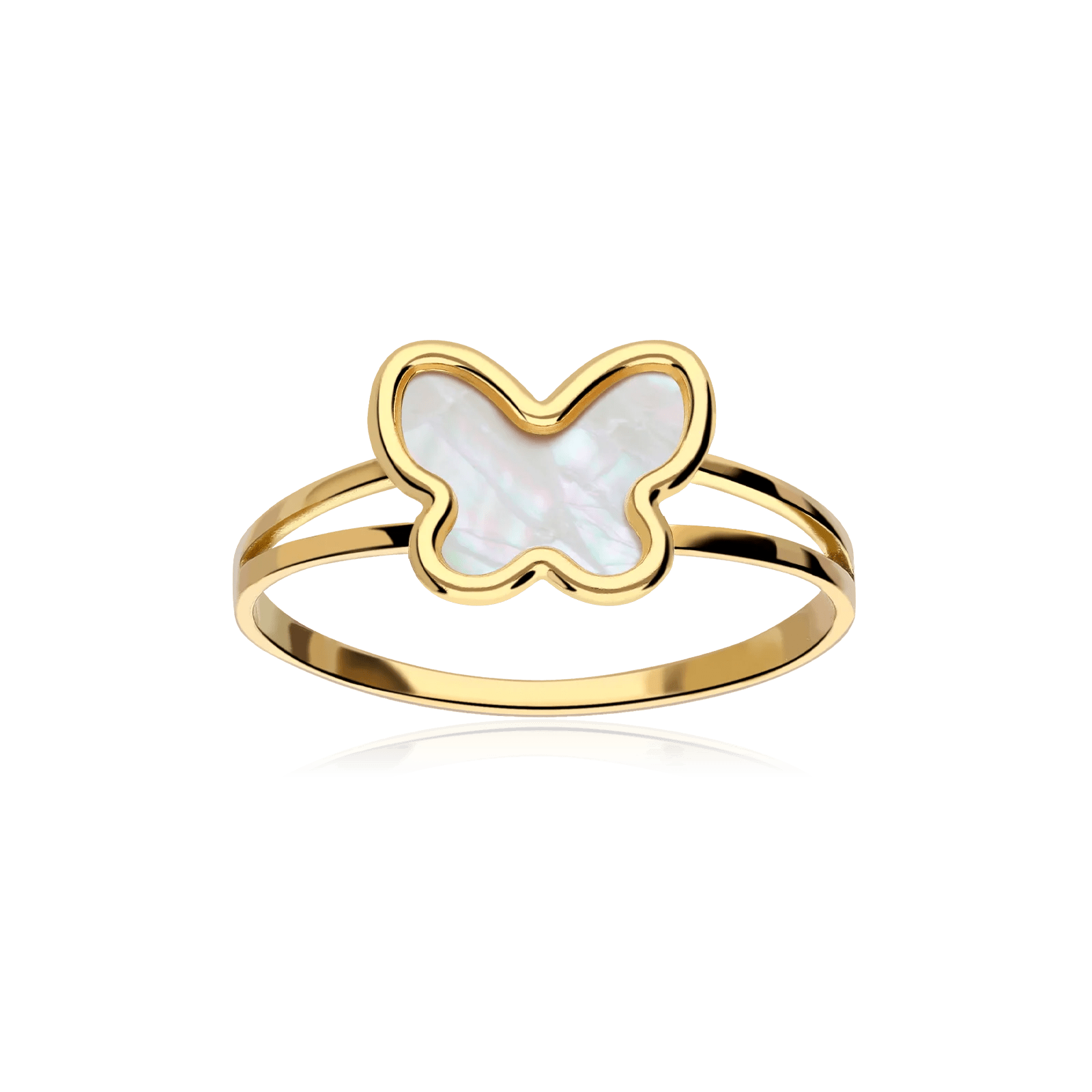 Gold plated stainless steel split band ring featuring a central white iridescent mother of pearl butterfly inlay on a black background