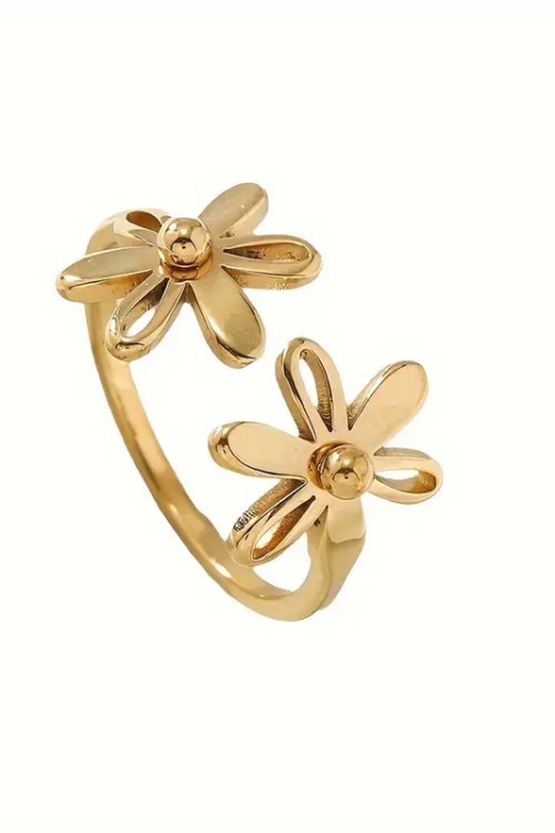 Minimalist Stainless Steel Twin Daisy Flower Open Adjustable Ring for Women & Girls