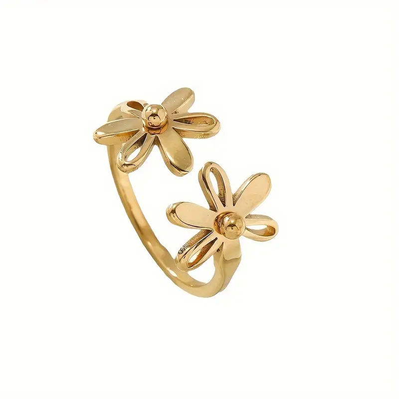 Minimalist Stainless Steel Twin Daisy Flower Open Adjustable Ring for Women & Girls