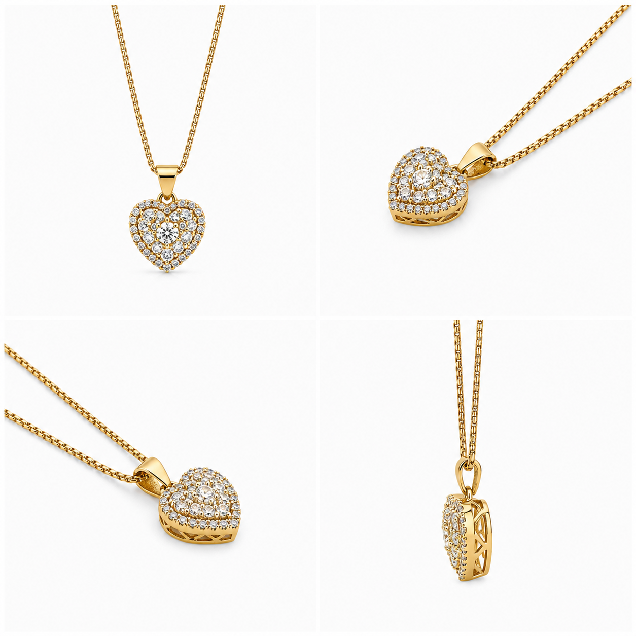 4-in-1 product collage grid displaying front view, dual angled shots, and side profile view of Zafiroon pave crystal heart necklace in 18k gold plating.