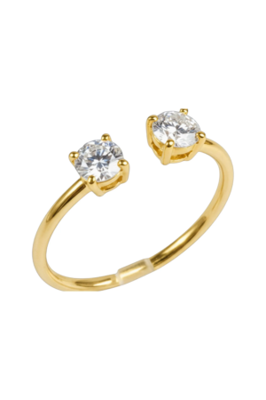 Gold plated stainless steel open adjustable ring featuring two round cut cubic zirconia crystals on a clean white background