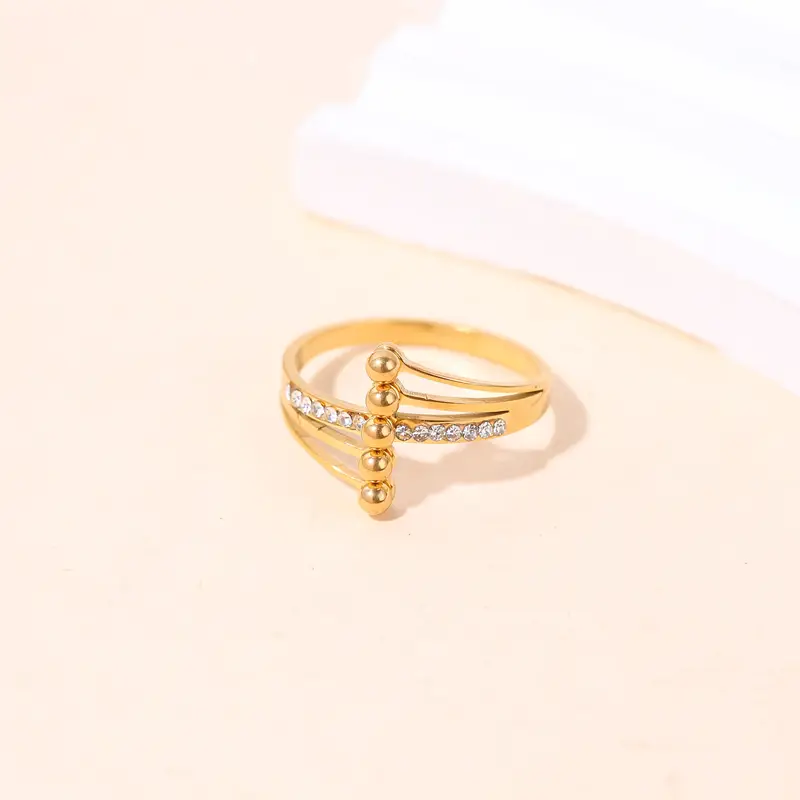 Minimalist Stainless Steel Multi-Layer Cross Ring - Gold Plated Crystal Bead Statement Ring - Image 2