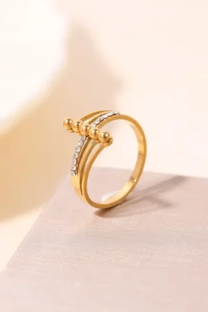 Minimalist Stainless Steel Multi-Layer Cross Ring - Gold Plated Crystal Bead Statement Ring