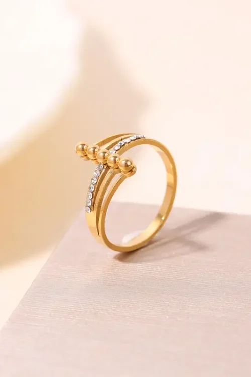 Minimalist Stainless Steel Multi-Layer Cross Ring – Gold Plated Crystal Bead Statement Ring