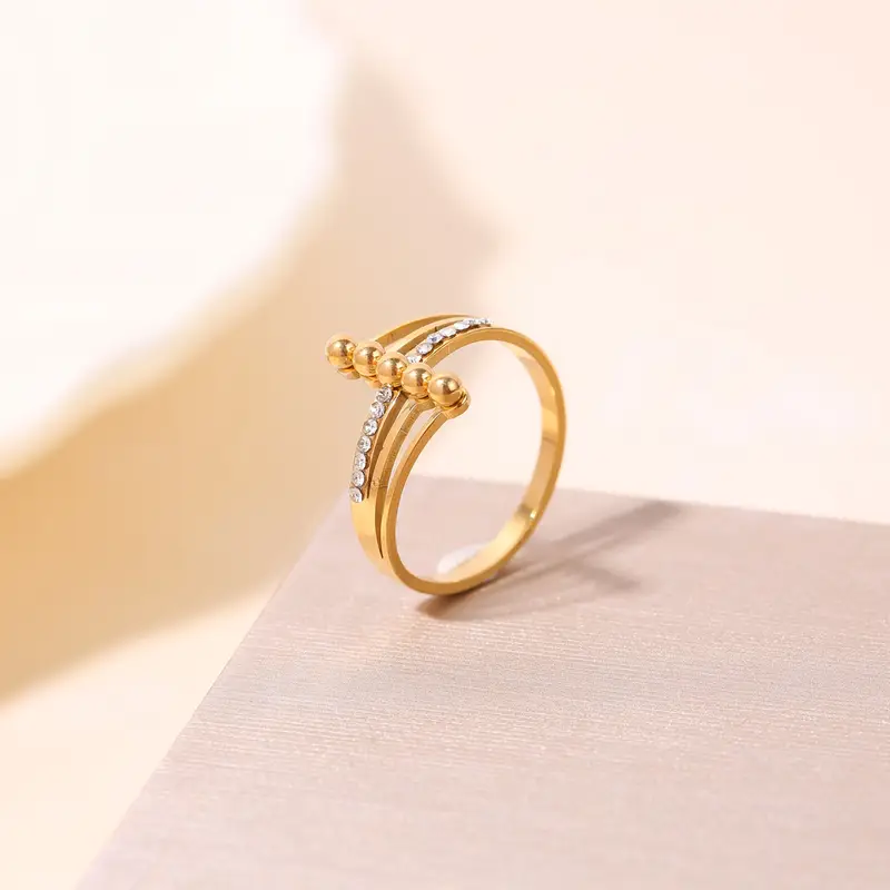 Minimalist Stainless Steel Multi-Layer Cross Ring – Gold Plated Crystal Bead Statement Ring
